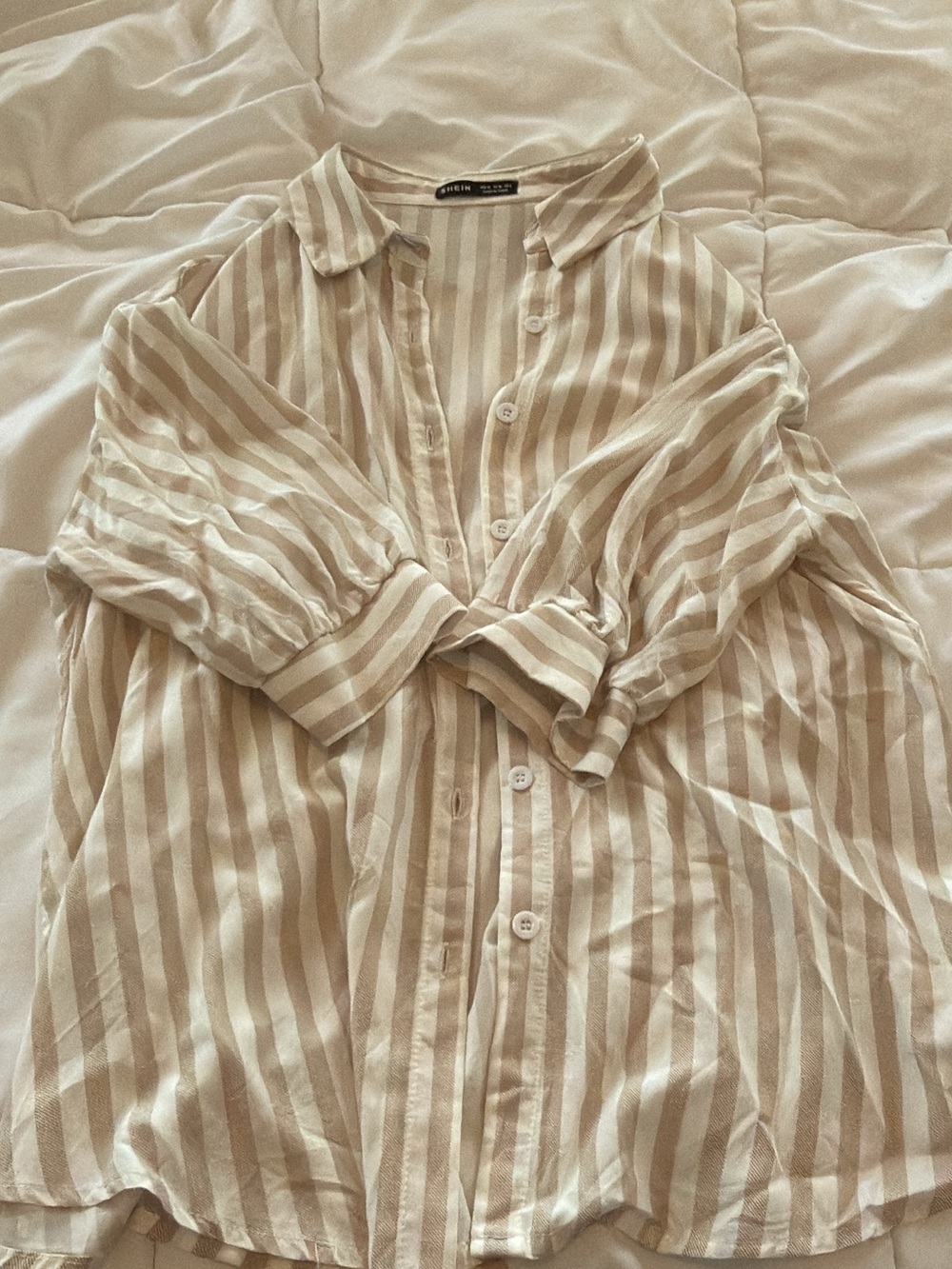 SHEIN Beige and White Vertical Stripe Button-Down Shirt